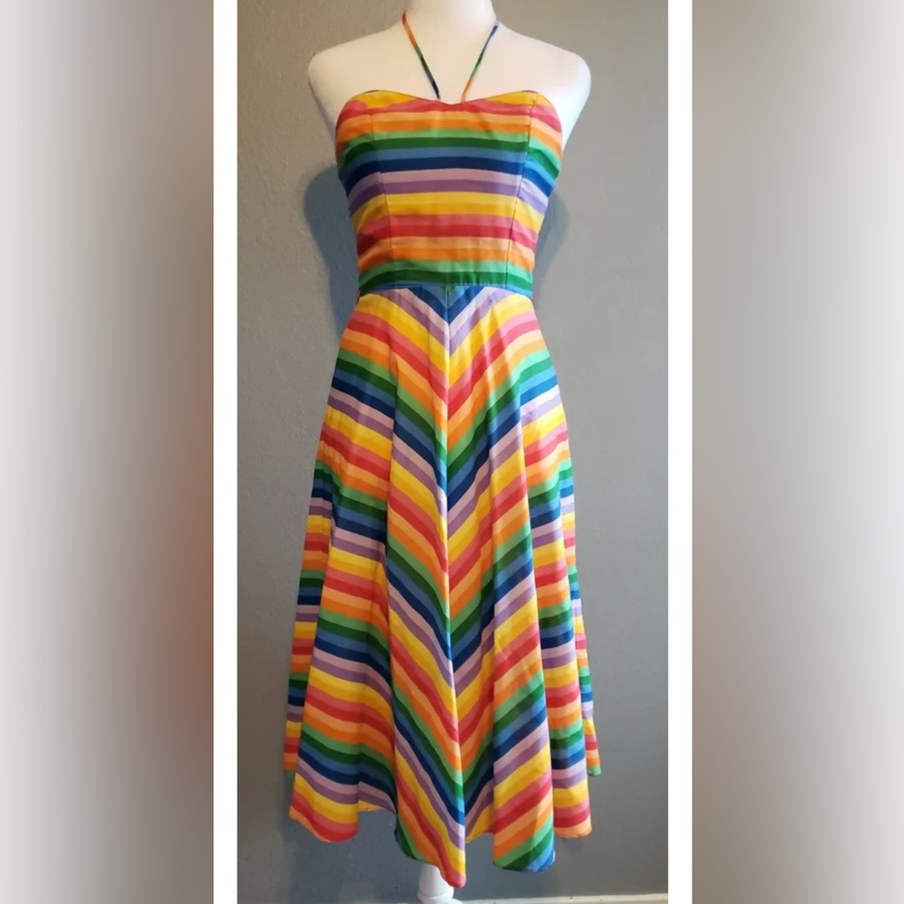 Vtg 60's Rainbow Chevron Stripe Mod Hippy Pride Sun Day Dress 3 XS S